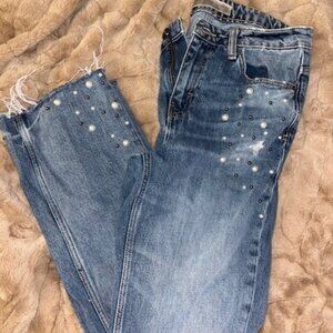 ZARA Medium Wash Denim Jeans Z1975 Design with blue and white pearl details